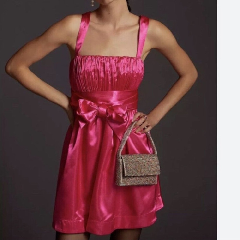 NEW‎ Anthropologie Maeve Pink Satin Mini Dress Womens Size 8 Smocked